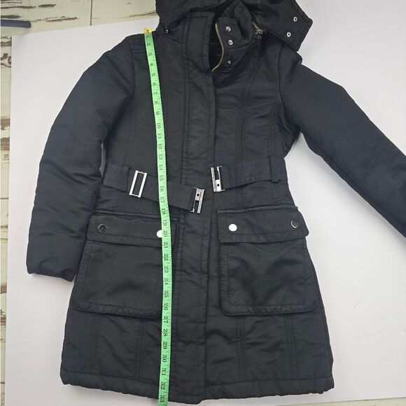 Zara Basic Black Snap Button Pockets Full Zip Belted Lined Hooded Jacket Size M - Picture 11 of 12